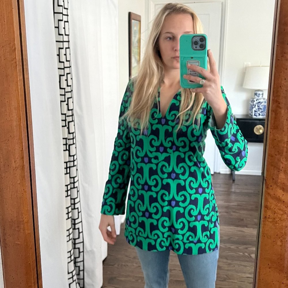 Jude Connally Blue Green Ikat Tunic Top, Size Small